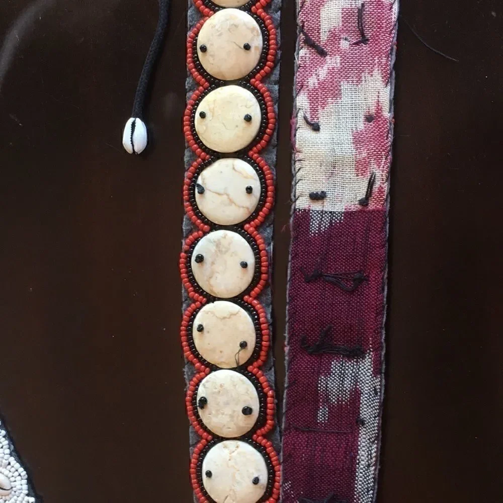 Hand crafted Mexican beaded and Stone fabric wide tie belt red black Vintage